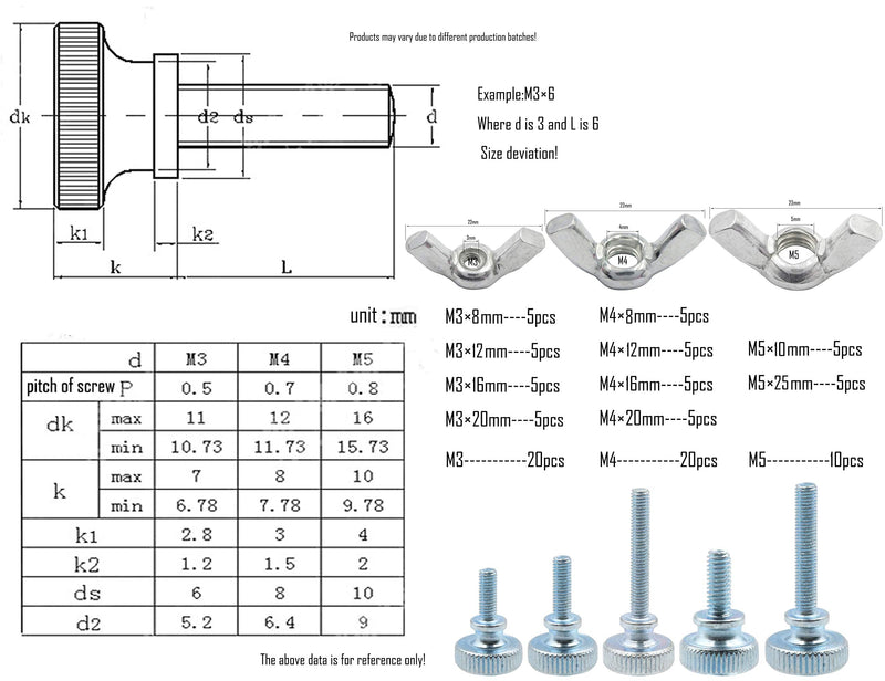 [Australia - AusPower] - LBY 100pcs Knurled Hand Screw, M3/M4/M5 Knurled Head Fully Threaded Thumb Screws(Double Layer Step) and Wing Nuts 13 Kinds Assortment Kit, Carbon Steel Galvanize 