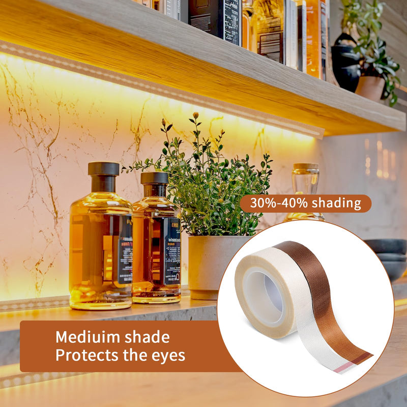 2 Roll Light Dimming Tape, Led Light Strip Tape 0.59 in x 32.8 ft Light Dimming Masking Cover Sticker Soften Lighting Blocking Sticker Fits LED Strips, Cabinet, Cove, TV Backlight (White, Coffee) 1 Brown & 1 White 2