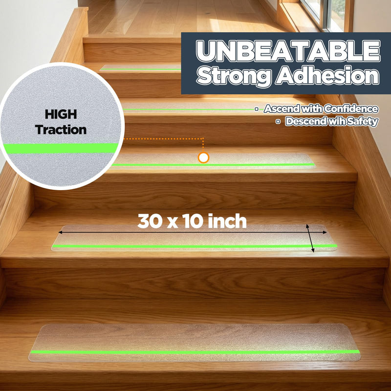 Breling 10 Pcs 8"x30" Non Slip Stair Treads with Glow in The Dark Strips Clear Anti Slip Tape Non Slips Stair Tape with Application Roller Waterproof Self Adhesive Strips for Indoor, Outdoor Steps