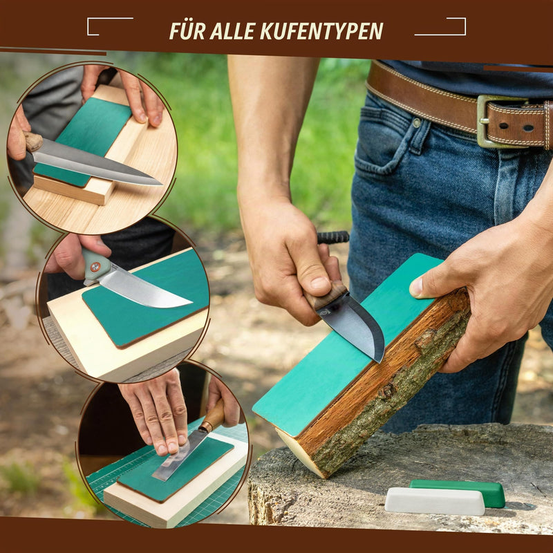 BeaverCraft Leather Strop Set for Knife Sharpening Knife Strop Block 20 x 7.5 cm Leather Strop Set with Green/Grey and White Polishing Paste Knife Sharpener and Polishing Pastes