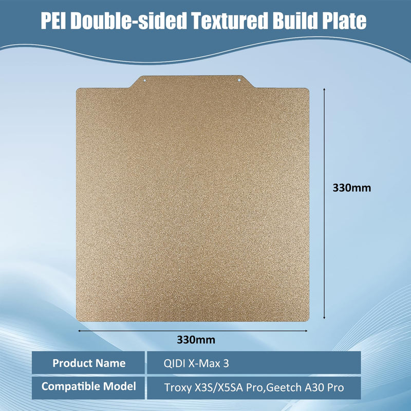CCTREE Double Sided Textured PEI Sheet for QIDI X-Max 3, PEI Spring Steel Build Plate Flexible Print Bed Removable Surface Platform for QIDI X-Max 3, Geetch A30 Pro 3D Printers, 330 * 330 mm 330*330