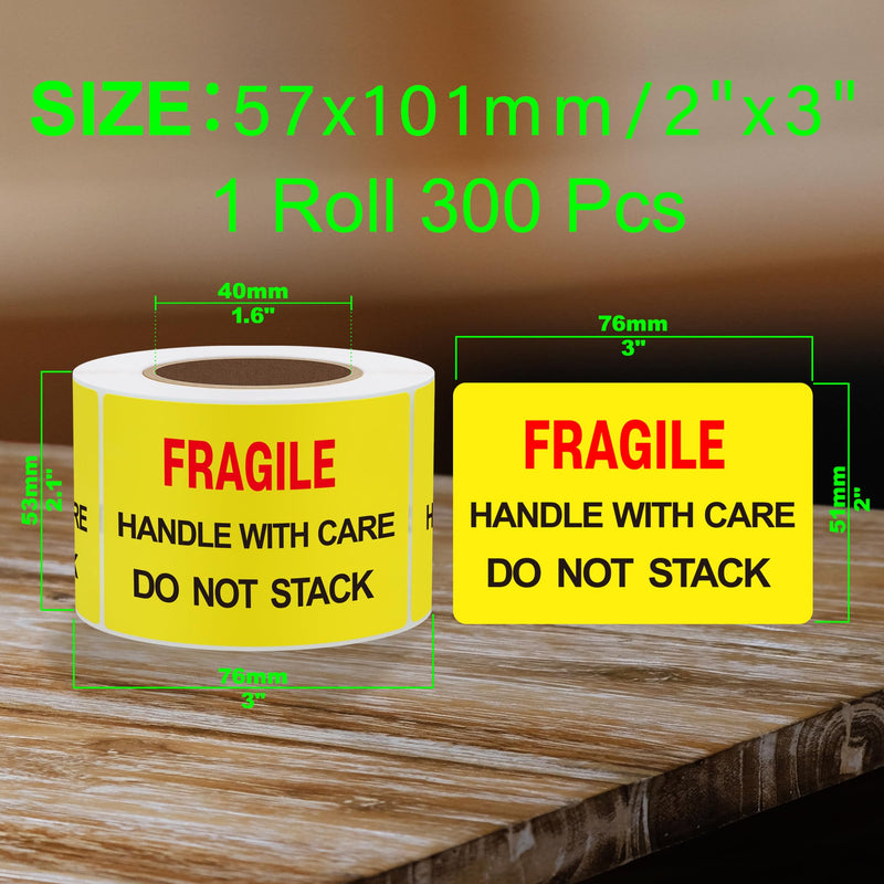 Hybsk 2x3 inch 300pcs Fragile Stickers for Shipping Moving Handle with Care Do Not Stack Yellow Warning Labels (Type 1) Type 1