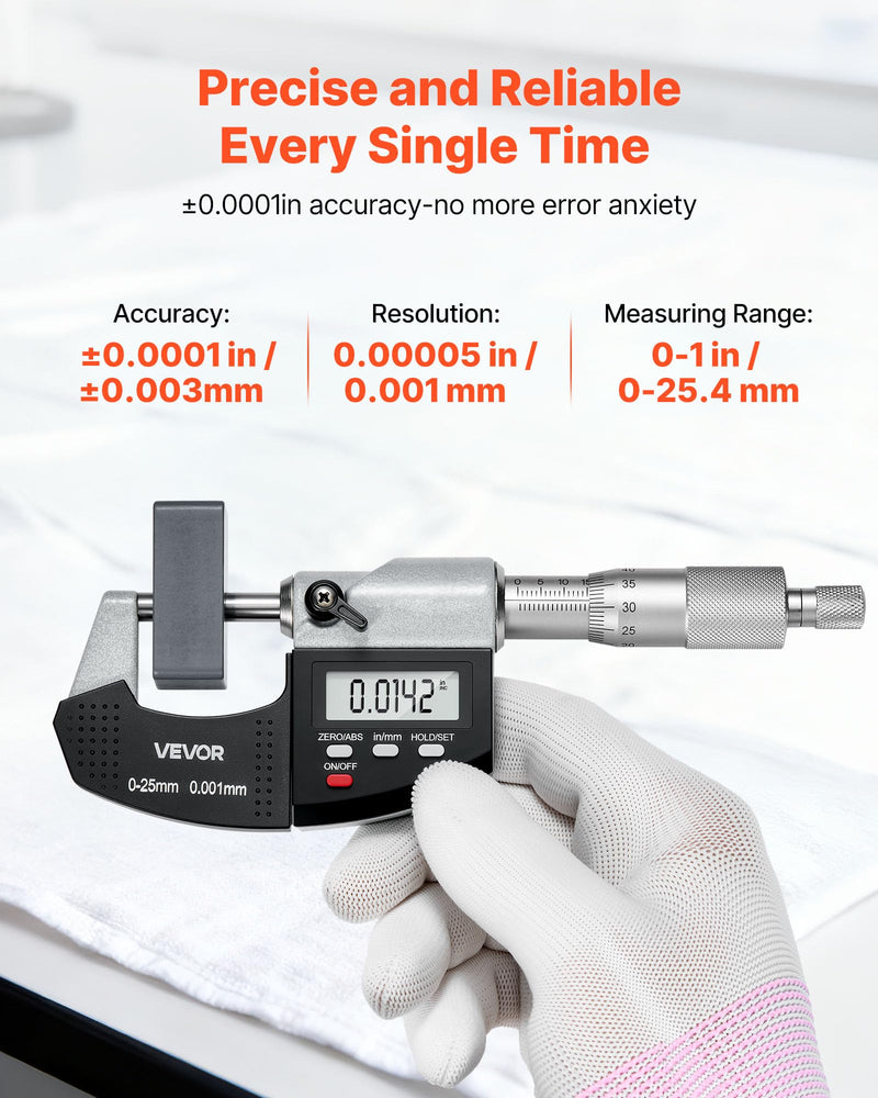 VEVOR Micrometer, Digital Micrometer, Measuring Range 0-25.4mm, Resolution 0.001mm, Highest Precision 0.003mm Accuracy, LCD Display, Inch/mm Switching, Carbide Tip, with Case