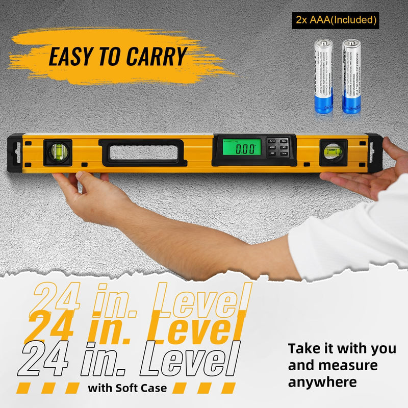 [Australia - AusPower] - 24 Inch Smart Digital Level, LCD Screen Magnetic Electronic Level Tool with Batteries & Case, IP54 Dust and Waterproof Digital Torpedo Level & Protractor, 24" Precision Slope Leveler Measurement Tool 