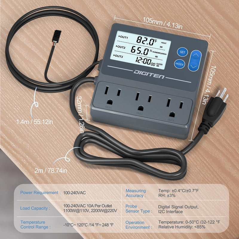 [Australia - AusPower] - DIGITEN Reptile Temperature and Humidity Controller with Timer Outlet, Day-Night Function Thermostat, 3-Stage Outlet Plug in Temperature Controller for Reptile, Mushroom, Homebrew 