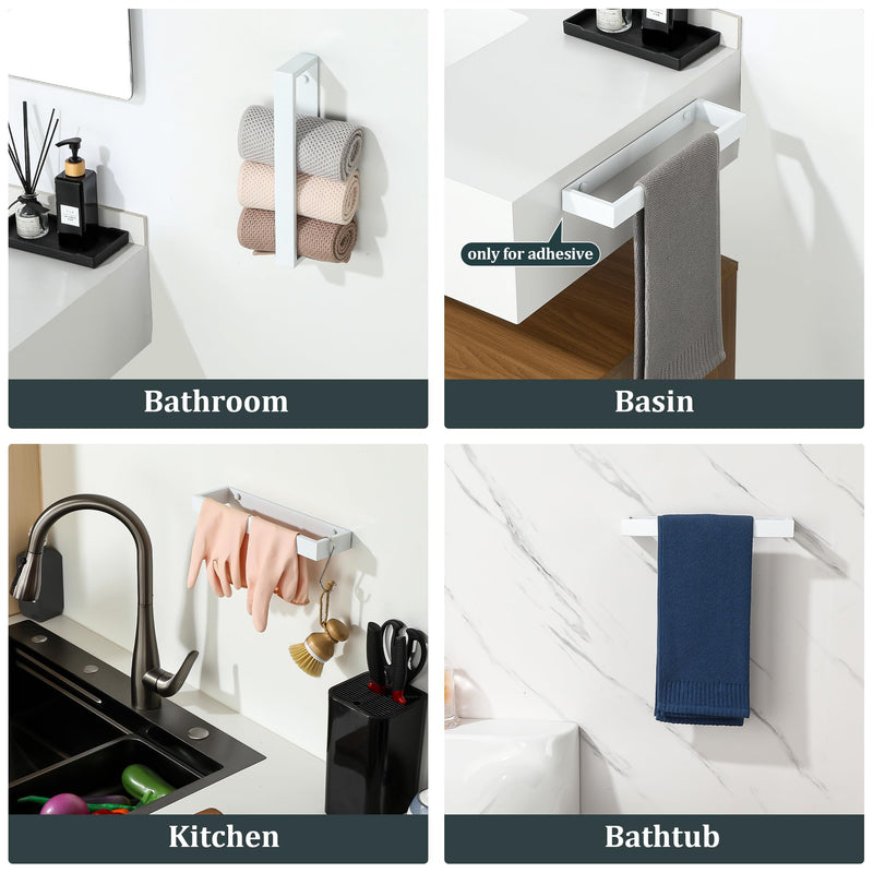 Sayayo White Towel Bar for Bathroom, 12 Inch Hand Towel Holder Wall Mount, Screw or Self Adhesive Towel Ring Square SUS304 Stainless Steel, 3.2 Inch Wide