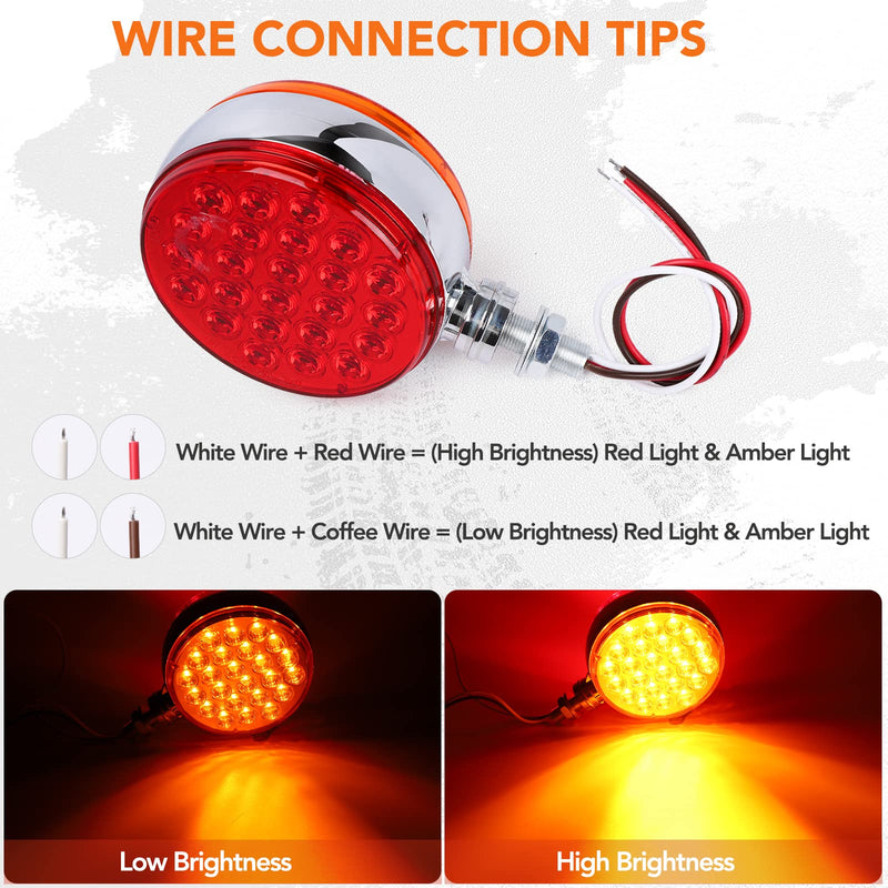 [Australia - AusPower] - 2pcs 4 Inch Amber Red Round Double-Face Pedestal Fender Light with Stud Mount, 48 LED Stop Turn Tail Signal Trailer Light for Semi Truck Peterbilt Kenworth Freightliner Towing Dual-Face Waterproof 
