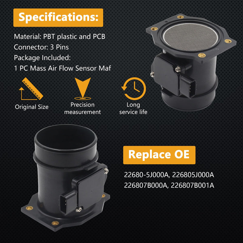 Mass Air Flow Sensor Maf Meter Compatible with Infiniti QX4 98-00 & Mercury Villager 99-02 & Nissan Frontier 99-04; Pathfinder 98-00; Quest 99-02; Xterra 00-04 Replace OE 22680-5J000 86-50014
