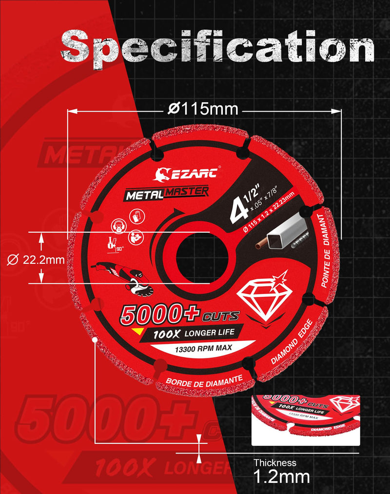 EZARC Diamond Cutting Wheel 4 1/2 x 7/8 Inch for Metal, Cut Off Wheel with 5000+ Cuts on Rebar, Steel, Iron and INOX, 2 Pack 2.0