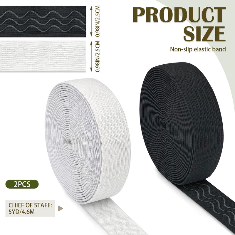 2 Rolls Silicone Gripper Elastic Band for Sewing, 1 in x 5 Yds, Non Slip Wave Silicone Grip Tape Stretchy Ribbon for Clothing Pants Waistband Wig Making, Black + White Black + White: 1 In x 5 Yds