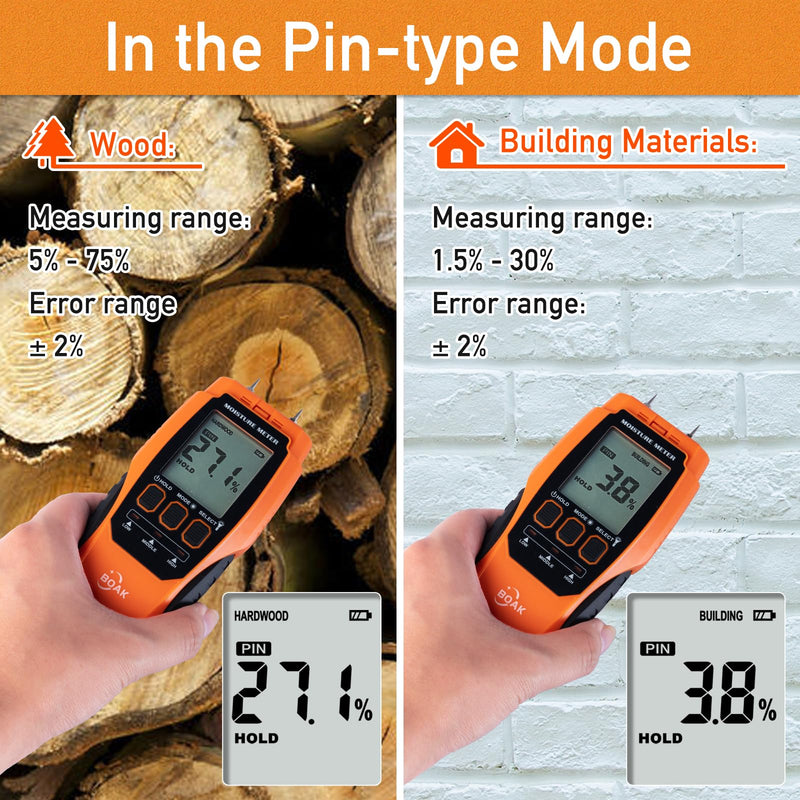 BOAK 2 in 1 Pin & Pinless Moisture Meter,Moisture Test Kit for Home With Self-Testing,Water Leak Detector,Moisture Sensor for Firewood,Drywall Mold Detector With Illumination and Alert.