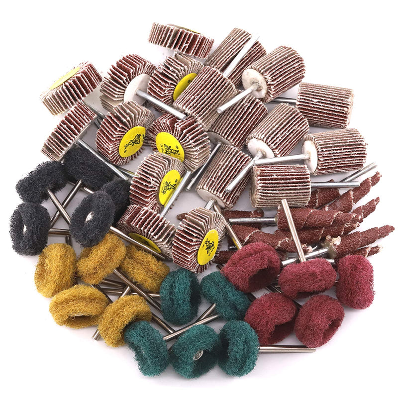 Swpeet 50Pcs Abrasive Sanding Flap Wheel Assortmen Kit, 80 Grit 1/8" Shank Cone Abrasive Flap Sanding Wheel and 1" (25mm) 120 180 320 400 Grits Buffing Polishing Wheel Set with 3 mm Shank