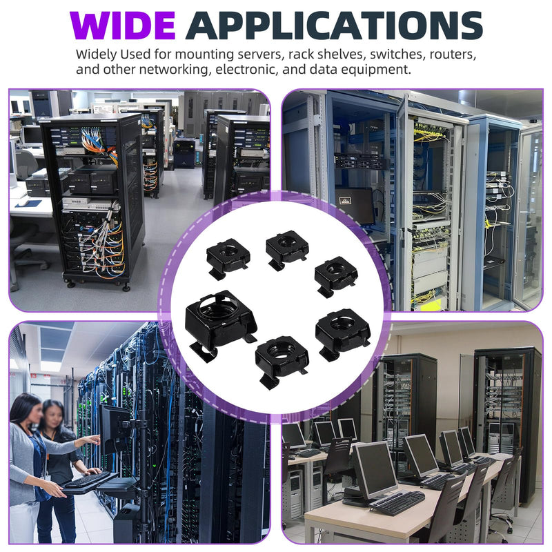 [Australia - AusPower] - Swpeet 48Pcs 6 Sizes M4 M5 M6 M8 M10 M12 Black Zinc Plated Carbon Steel Snap-in Cage Nuts, Square Cage Nut, Rack Rail Retainer Nuts, Server Shelf Cabinets Rack Mount Cage Nuts, Clip-On Computer Nuts 48 