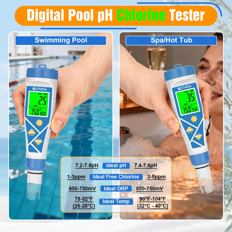 pH Chlorine Tester, 8 in 1 pH&Salt Meter for Saltwater Pool, Hydrogen Water Tester, Digital pH H2 Salinity ORP Chlorine EC TDS Temp Meter for Hydrogen Water Bottle, Hydroponic, Aquarium