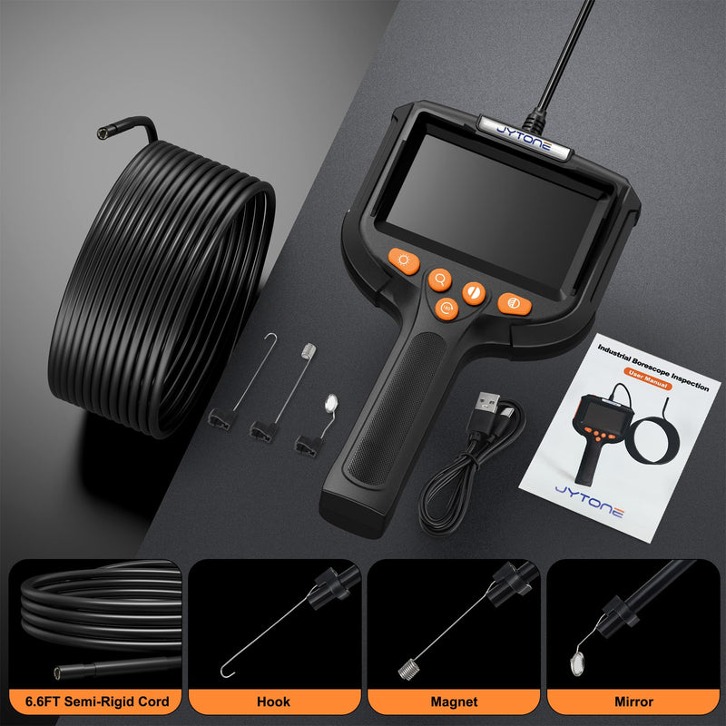 Borescope with Light, 4.3-Inch HD Display, 5.5mm Lens, 6.6 ft, Black | IP67 waterproof protection, six dimmable LEDs, over 4-hour rechargeable battery, hook, magnet, and side-mirror accessories 4.3IN-2M
