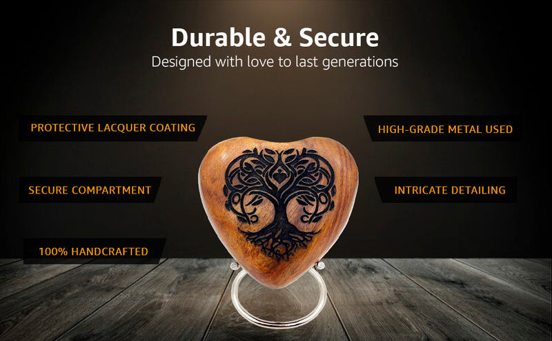 5MOONSUN5's Wooden Heart Tree of Life Engraved Urn Keepsake Cremation Urn for Human pet Ashes Handcrafted Urn Heart Shaped - Perfect for Adults & Infants with Brass Stand 3 inch