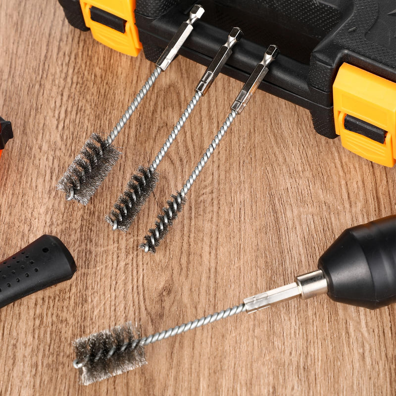 [Australia - AusPower] - 4 Pcs Stainless Steel Wire Brushes for Drill Stainless Steel Bore Brush Set 3/8'' 1/2'' 3/4'' 7/8'' Bristles Wire Brush with Hex Shank Handle for Drill Ports Tubes Bearings Cleaning Parts 