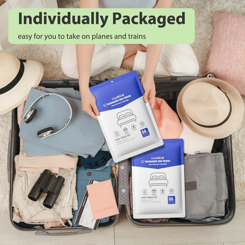 [Australia - AusPower] - 4 PCS Disposable Bed Sheet Queen Size, Travel Sheet for Hotel, Disposable Sheet for Travel Bedding Cover Portable Sheet with 1 Quilt Cover, 1 Sheet and 2 Pillowcase for Travel Business Trip Spa Hotel 