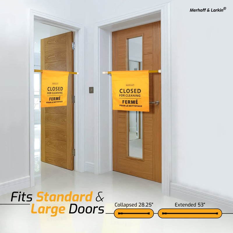 Closed For Cleaning Sign | English, Spanish & French | 28-53 Inch Expandable | For Janitors, Restrooms, & Bathrooms | Closed Restroom Cleaning Signs | Yellow Commercial Hanging Doorway Safety Banner