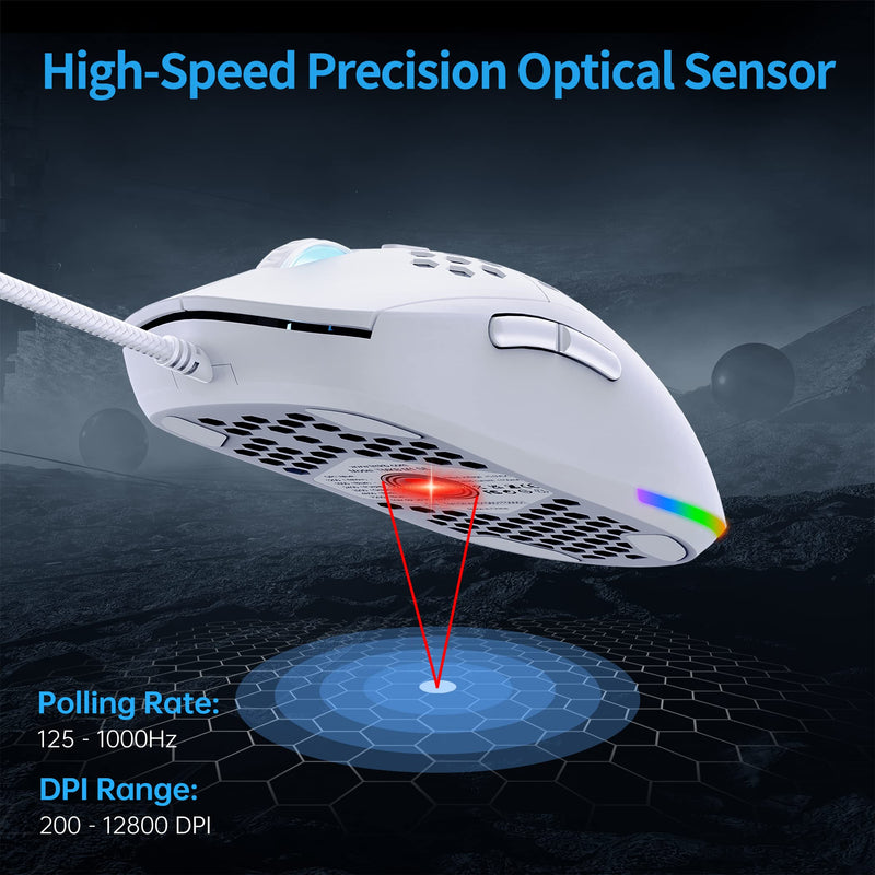[Australia - AusPower] - TMKB Falcon M1SE Ultralight Honeycomb Gaming Mouse, High-Precision 12800DPI Optical Sensor, 6 Programmable Buttons, Customizable RGB, Drag-Free Paracord, Ergonomic, Wired - Matte White 
