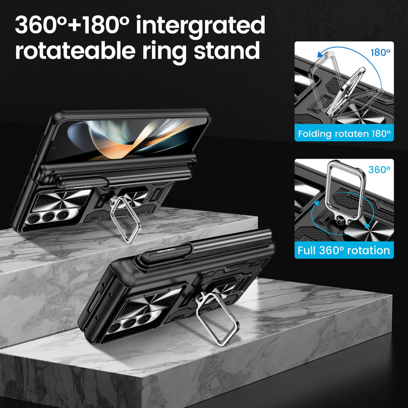 [Australia - AusPower] - VEGO for Galaxy Z Fold 4 Case with S Pen Holder, [Hinge Protection][360°Ring Magnetic Kickstand][Slide Camera Cover][Front Screen Protector] Protective Armor Case for Samsung Galaxy Z Fold 4- Black 