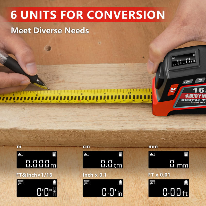 [Australia - AusPower] - Alloyman 2-in-1 Digital Tape Measure, 16Ft Length, 6 Unit Options, 4 Measuring Modes, Stores 50 Records, Auto Lock with Magnetic Hook, Waterproof & Drop-Resistant Black Red 