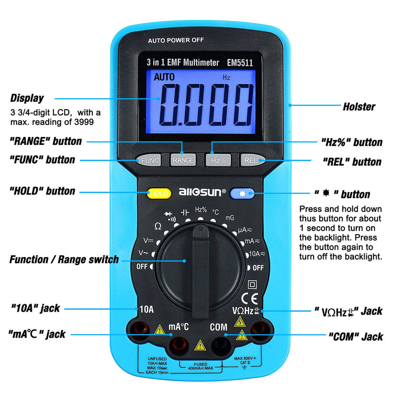 ALLOSUN EM5511 3 in 1 EMF Digital Multimeter Antorange Electromagnetic Field Radiation Tester DC AC Volt Ampt DMM