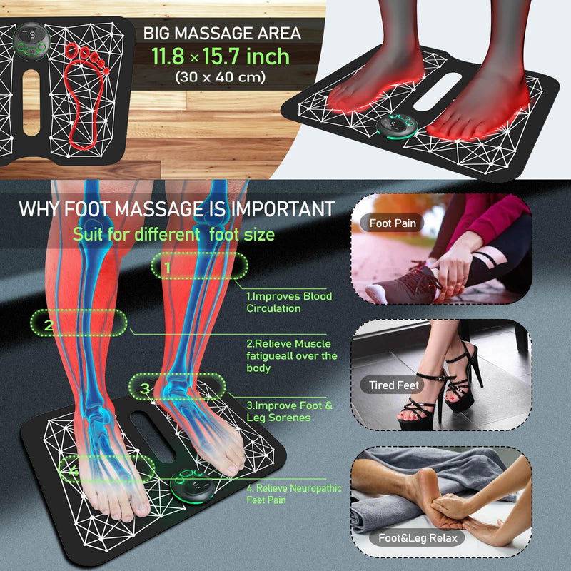 EMS Foot Massager Mat Acupressure for Neuropathy with Remote Control Legs Foot Stimulator Massager Machine Electric Pulse Pad for Muscle Relaxation Pain Relief 8 Modes 19 Levels Intensity