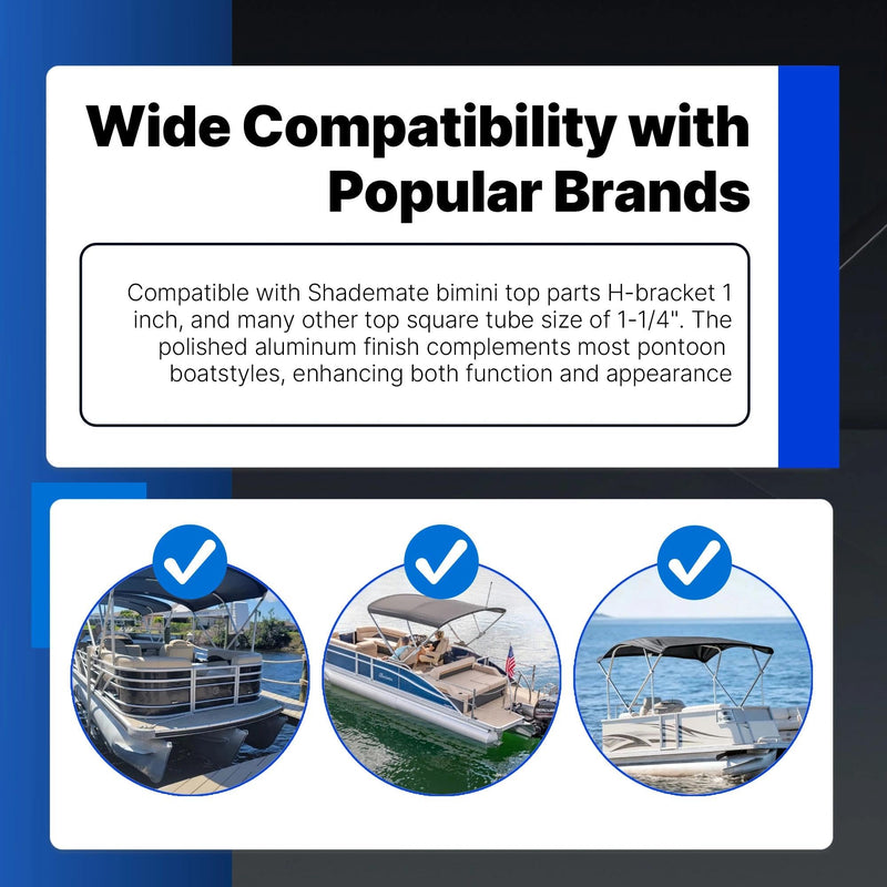 Extra Tall H-Brackets for Pontoon Bimini Tops, 1-1/4" Square Aluminum Tubing Mount, Compatible with Shademate Bimini Top Parts, Aluminum Aluminum 4 Pack
