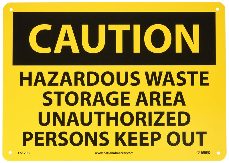 NMC C512RB OSHA Sign, Legend "CAUTION - HAZARDOUS WASTE STORAGE AREA UNAUTHORIZED PERSONS KEEP OUT", 14" Length x 10" Height, Rigid Plastic, Black on Yellow
