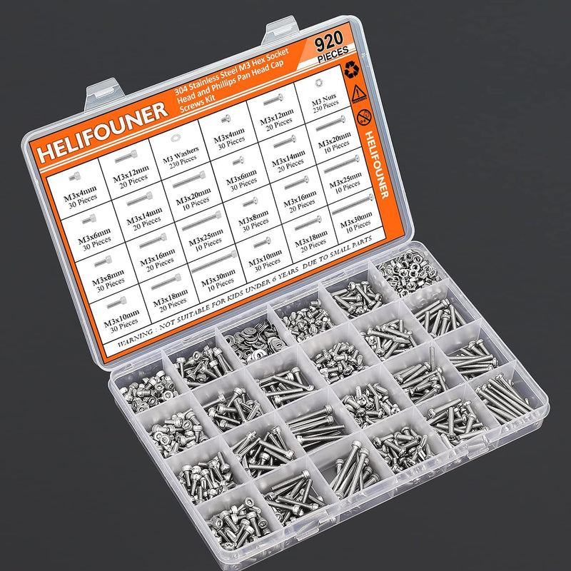 [Australia - AusPower] - 920 Pieces 304 Stainless Steel M3 x 4mm /6mm /8mm /10mm /12mm /14mm /16mm /18mm /20mm /25mm / 30mm, Hex Socket Head and Phillips Pan Head Metric Screws and Nuts Assortment Kit M3 Screw Kit 