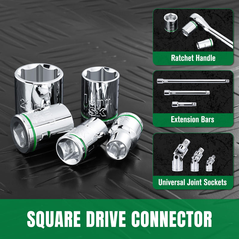 SK 3/8" Drive Socket Set, Metric Sockets, 13-Piece 8-20mm, SuperKrome Finish, Premium CR-V Construction, with Aluminum Socket Organizer Shallow