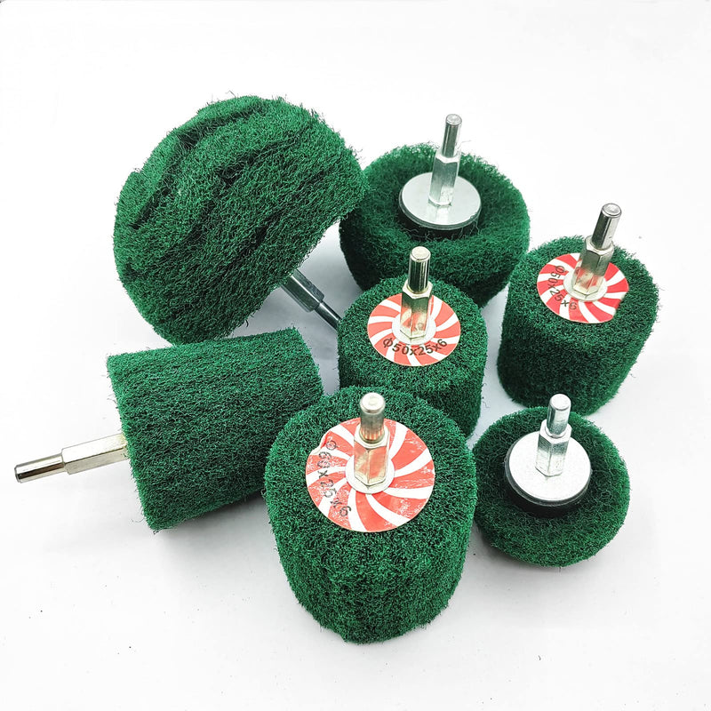 [Australia - AusPower] - 7 PCS Green Abrasive Buffing Wheels with 1/4" Shank 180 Grit Non Woven Buffing Wheels Drill Attachment Set for Polishing Mirror Stainless Steel Copper Aluminum Wood Wares 7 