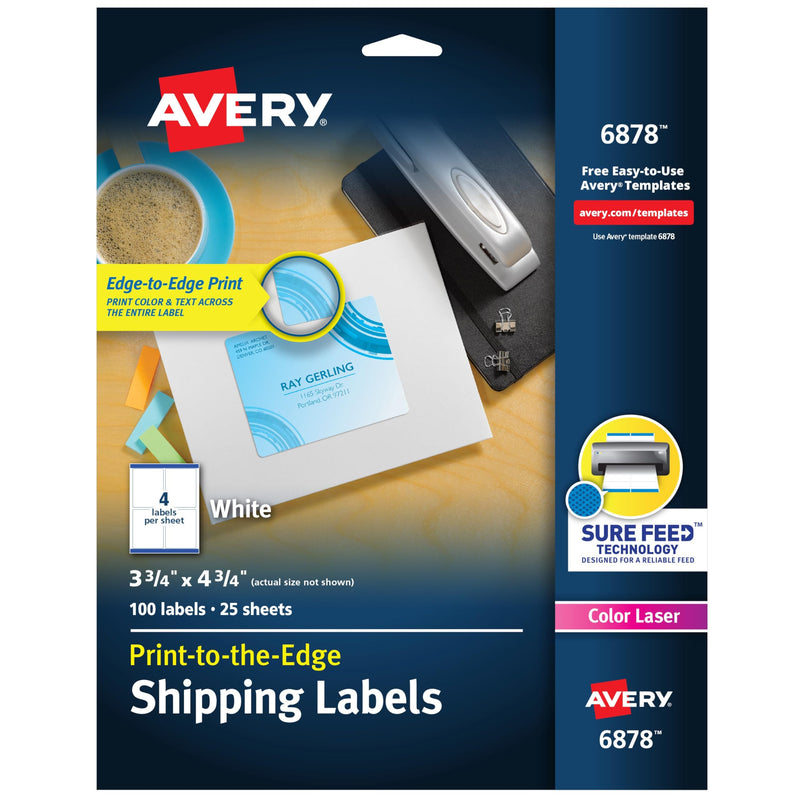 Avery Print-to-the-Edge Printable Shipping Labels, 3.75" x 4.75", Matte White, Sure Feed Technology, Laser & Inkjet Compatible, 100 Blank Labels, Great for Mailing, Branding, and More (6878) One Size 100 labels