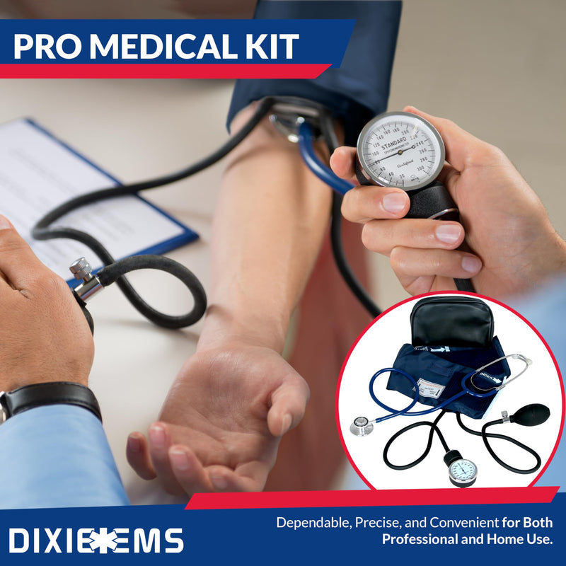 [Australia - AusPower] - Dixie EMS Aneroid Sphygmomanometer and Dual Head Stethoscope Set with Adult Size Blood Pressure Cuff, Calibration Key and Carrying Case – Navy Blue - FSA/HSA Eligible 