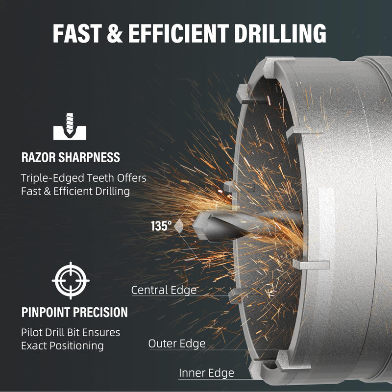 BURMONG Concrete Hole Saw Set with 65/115/150mm Drill Bit and 220mm SDS Plus Connecting Rod, High-Strength Steel Triple-Edged Cutting, Suitable for Drilling Holes in Concrete Brick Stone Wall (65mm) 65mm