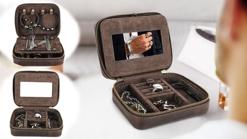CONTACTS Full Grain Leather Jewelry Box for Men Travel Jewelry Organizer Rectangular+mirror