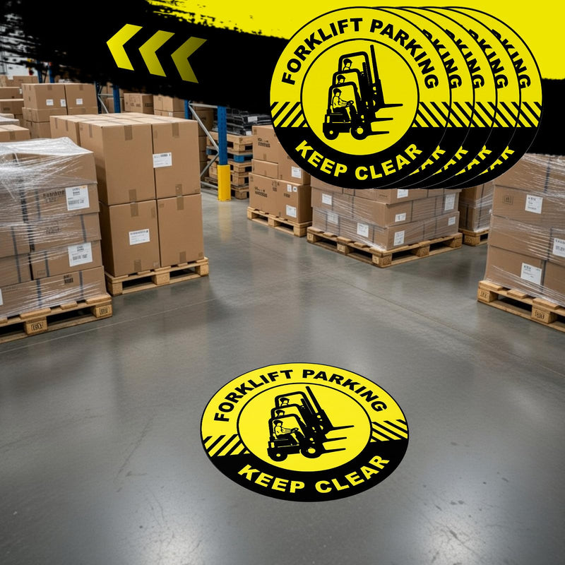 5 Pcs Forklift Parking Keep Clear Sign - 17 Inch Forklift Traffic Floor Adhesive Sign for Safety Warning Industrial Sticker for Work Shop Warehouse Office