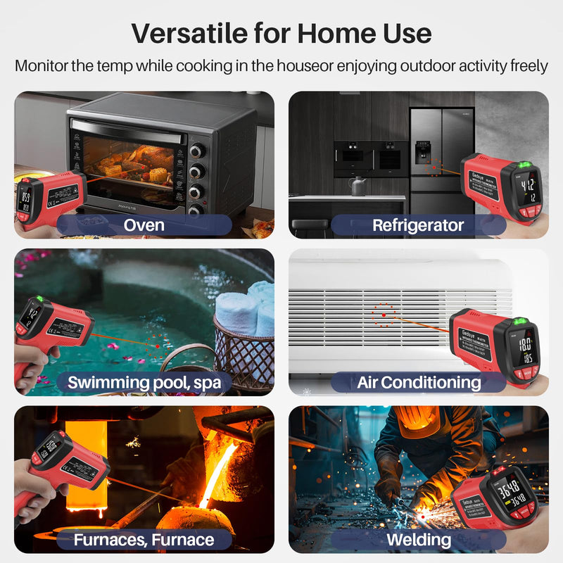 [Australia - AusPower] - Infrared Thermometer Gun, Gedaye Laser Temperature with IR Pointer 13:1, Meat Temp Gun with Metal Probe, Adjustable Emissivity, -58℉ to 1076℉, Heat Thermometer for Cooking Pizza Oven Grill Fridge BBQ Red 