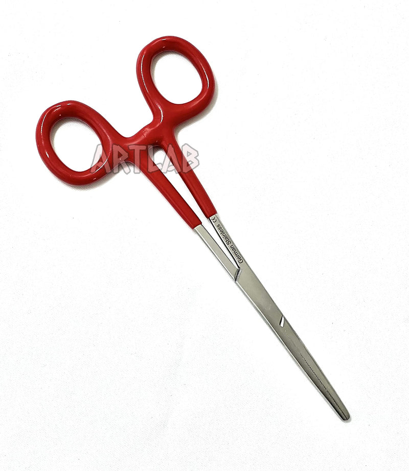 German Vinyl Grip Locking Straight & Curved Hemostat -Hemostat Forceps- Stainless Steel Locking Tweezer Clamps - Ideal Hemostats for Nurses, Fishing Forceps, Crafts and Hobby (RED STR+CVD 6.25") RED STR+CVD 6.25"