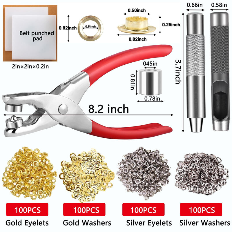 [Australia - AusPower] - Eyelets Grommet Tool Kit, 405 Pieces, 1/2 Inch Gold and Silver Eyelets with Washers, Two Set of Installation Tools, Pliers,Hole Punch and Punched padand for Leather, Belt, Shoes, Crafts 1/2inch & 405pcs 