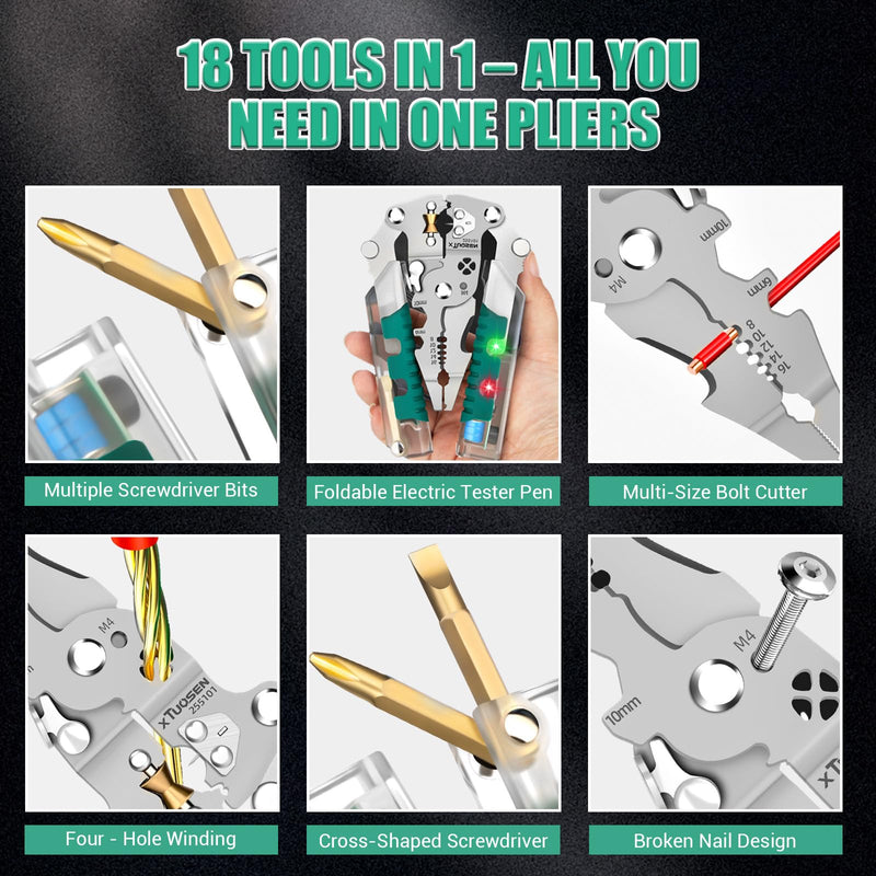 18-in-1 Wire Stripper & Multi-Tool Pliers, Foldable Electrician Tool with Screw Cutter, Wire Crimper, Stripper, and Tester – Compact All-in-One Hand for Home & Professional Use