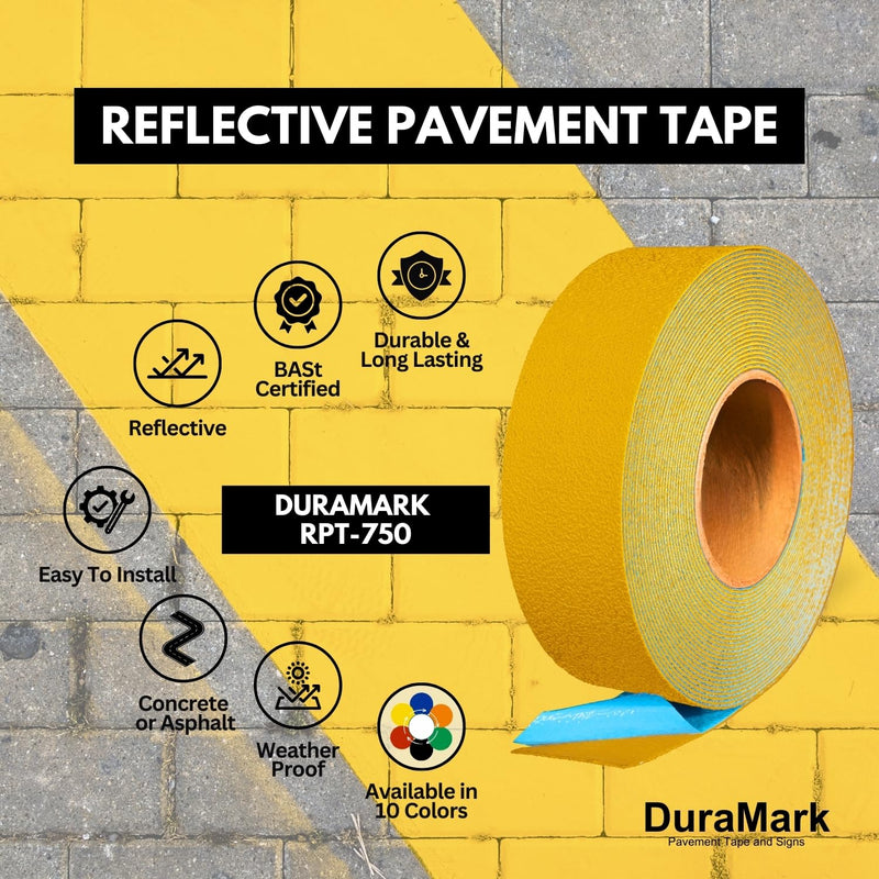 DuraMark Reflective RPT-750 Yellow Reflective Pavement Marking Tape – Bast Federal Certified, Slip Resistant, Premium Durability, Outdoor, Heavy-Duty, Rubber Base Safety Tape, (2 Inches x 18 Feet) 2 Inch x 18 Ft