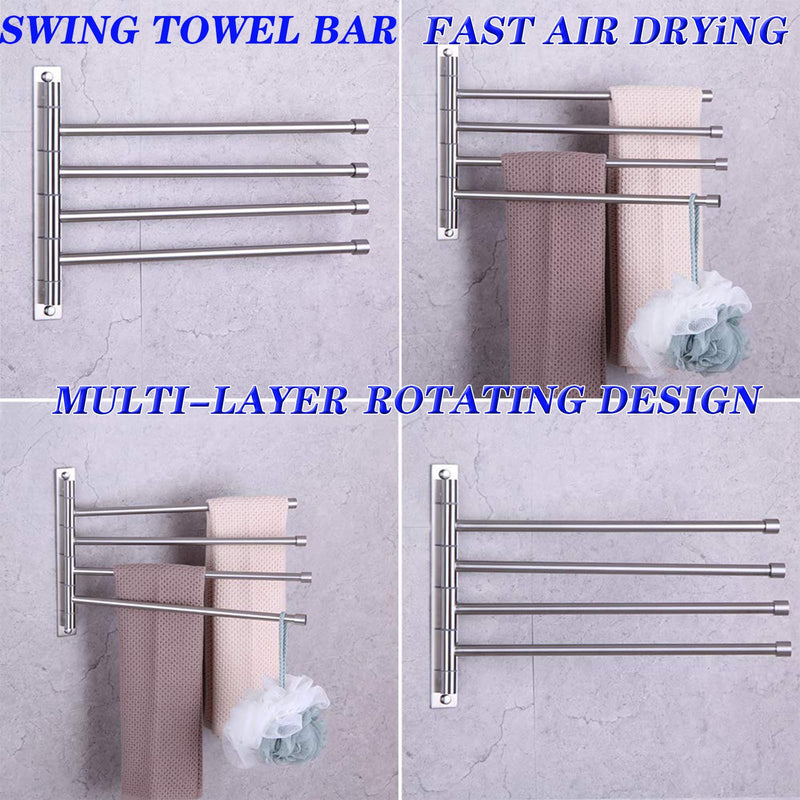 GERZWY Swivel Towel Bar SUS 304 Stainless Steel 4-Arm Bathroom Swing Hanger Towel Rack Holder Storage Organizer Space Saving Wall Mount Brushed Finish HYG04-LS