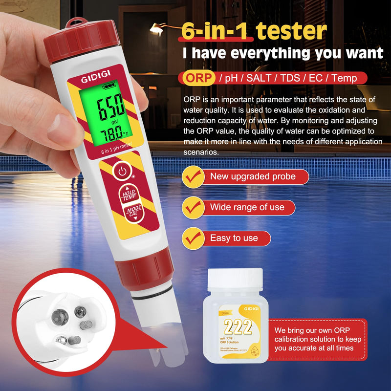 Digital pH Meter Pool Salt Tester,ORP Meter for Drinking Water,GIDIGI pH PPM for Hydroponic,6 in 1 TDS EC Salt Tester with ORP 222mV Calibration Solution for Aquariums,Spa,Drinking Water,Brewing Yellow 6-in-1 pH Meter