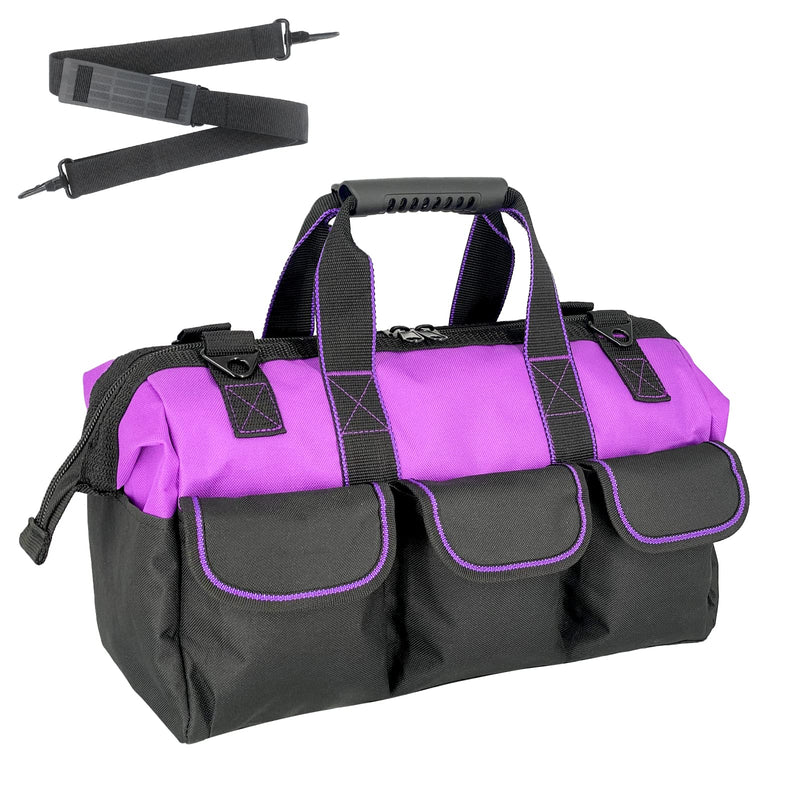 16-inch for women purple Tool Bag Non-slip feet adjustable shoulder strap 14 functional insert pockets,large capacity Men's heavy-duty toolbox,for electricians, carpentry,gardening (Purple)