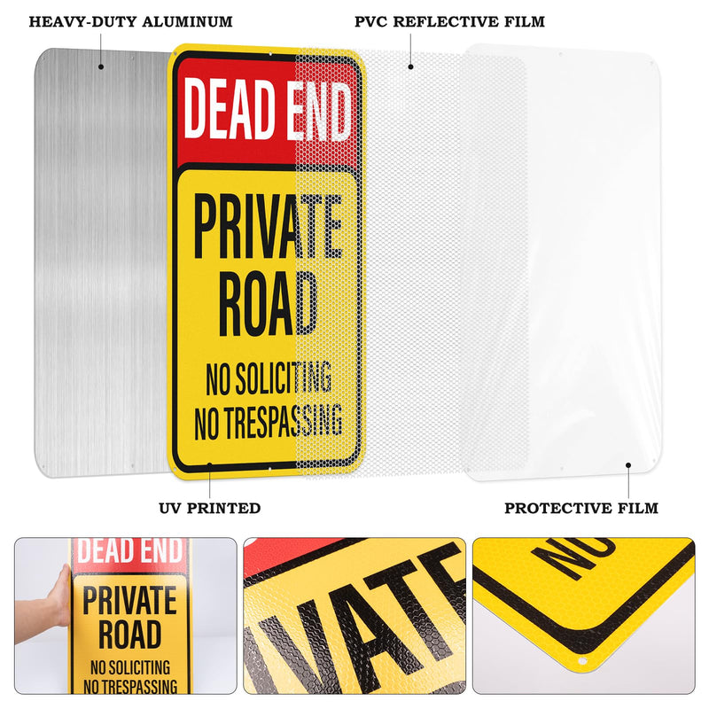 2 Pack Dead End Private Road No Trespassing No Soliciting Sign Reflective Aluminum 18 × 12 Inches Rust Free Metal Dead End Sign for Property House Outdoor