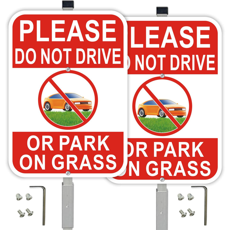 2-Pack No Parking on Grass Sign with 36" Metal Stakes, 10”x14” No Drive on Grass Rust-free Aluminum Yard Sign, Red/White 2 Pack- Red/White - 01