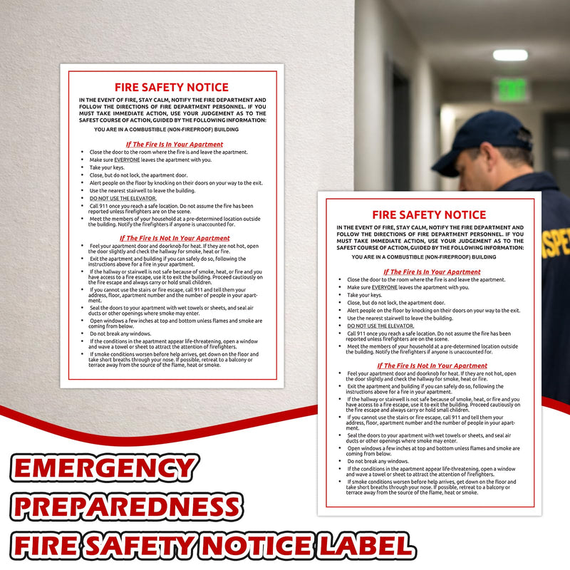 20 Pcs Fire Safety Notice Label Decal - 6" x 9" Emergency Preparedness Self-Adhesive Vinyl Sign Sticker for Building Door & Wall 20