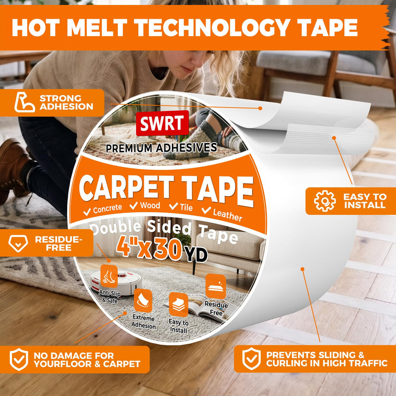 SWRT Carpet Tape Double Sided, 4 in x 30 Yards – Carpet Adhesive for Hardwood Floors, Heavy Duty Anti Slip Rug Grip Tape, Works as Rug Grippers, Residue Free, Wood Safe, Easy Removal for Tile